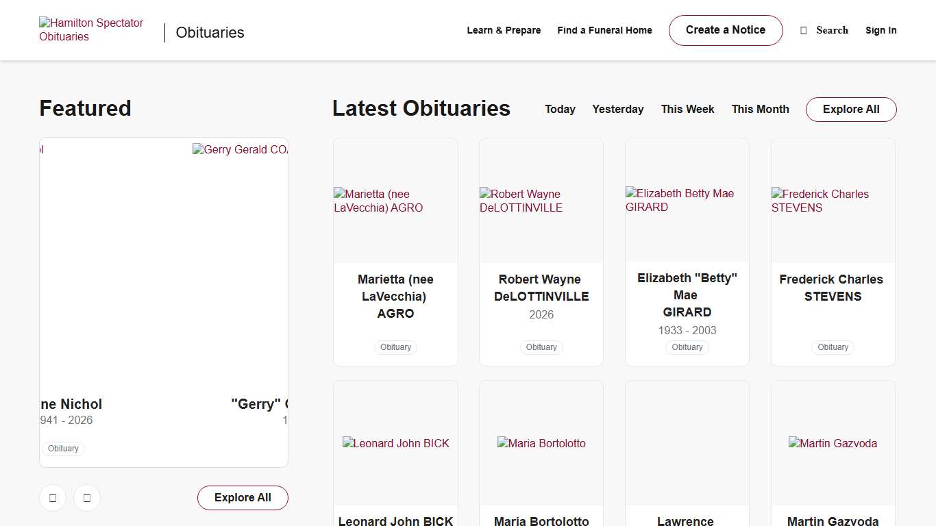 Obituaries Hamilton Spectator