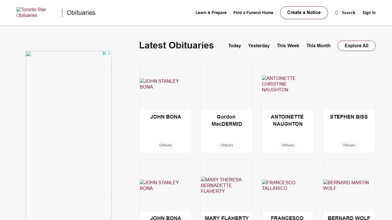 Obituaries Toronto Star